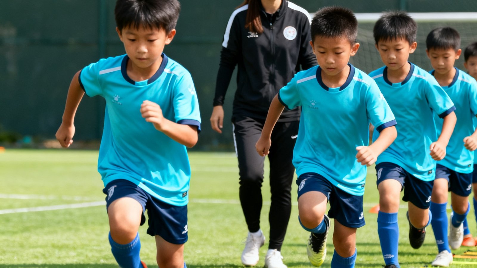 青少年培训主管陈雅雯带领一群穿着统一训练服的小球员进行敏捷步伐训练，孩子们专注而充满活力