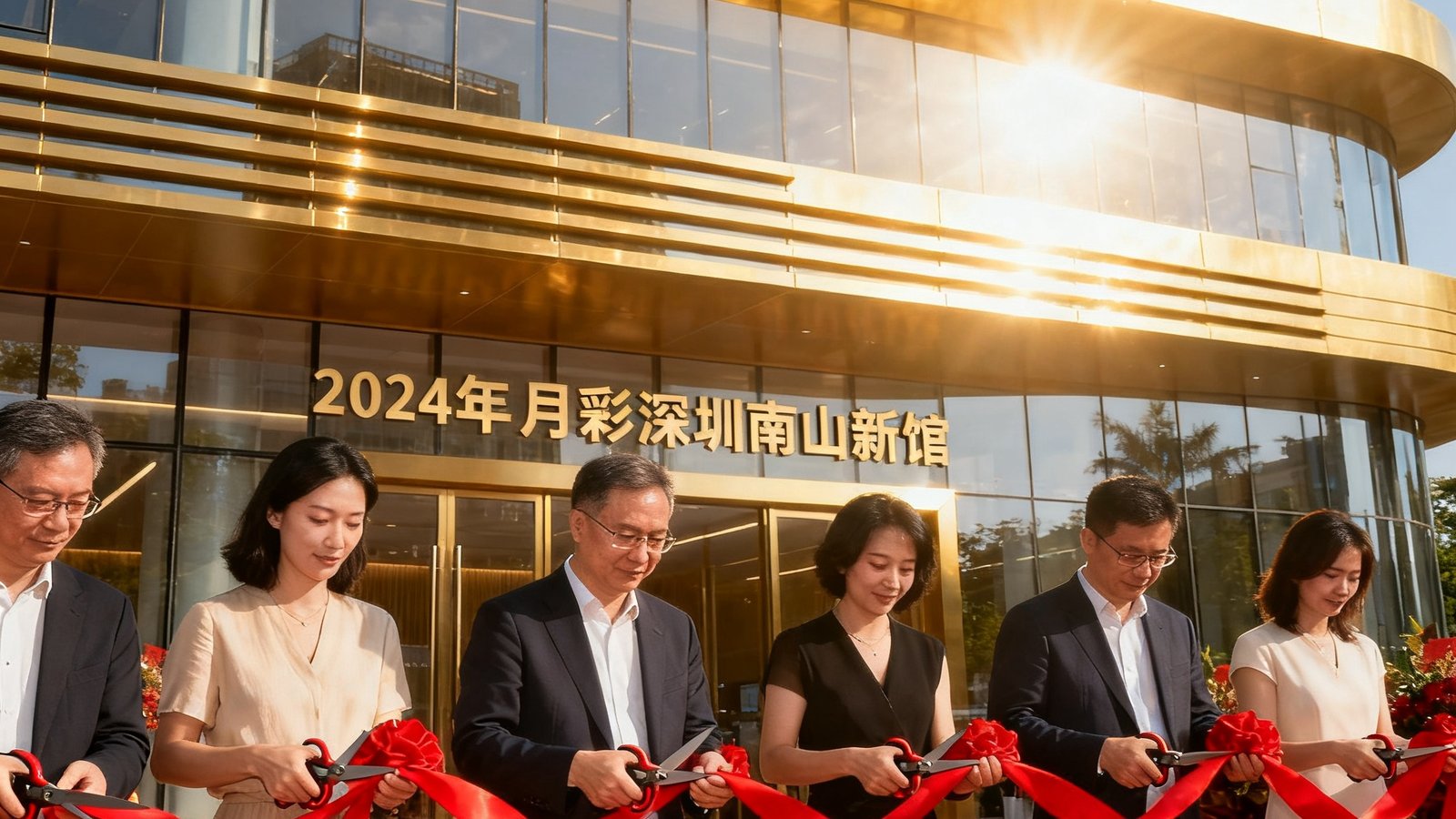 2025年7月彩神深圳南山新馆开业剪彩仪式现场，嘉宾们手持红绸剪刀，场馆外观现代大气