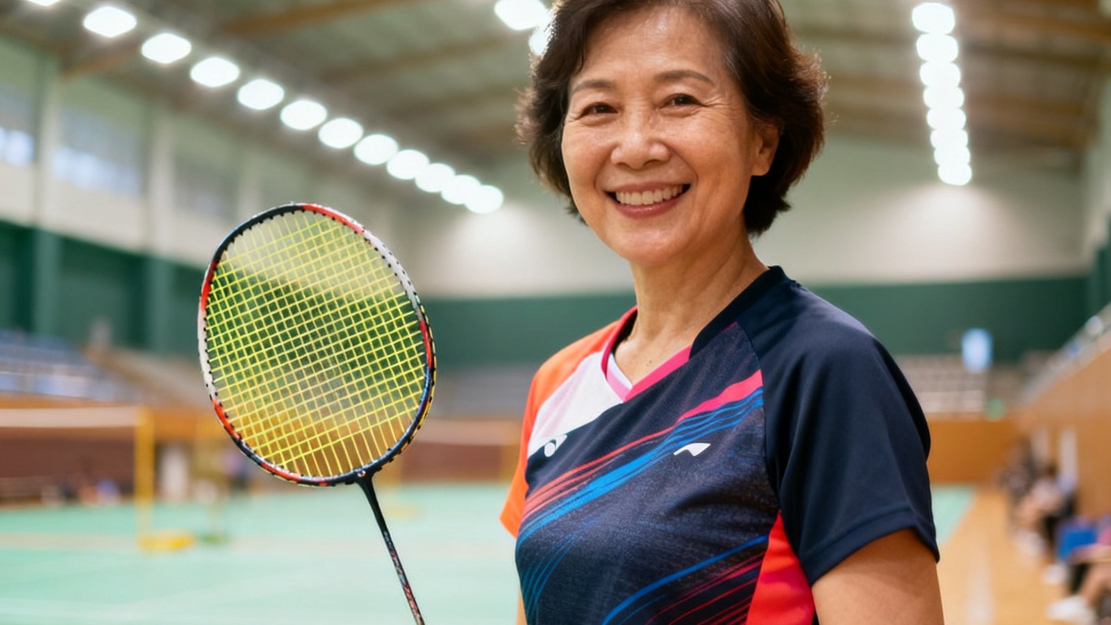 成人学员李女士身穿运动服手持羽毛球拍站在场地边，面带微笑，背景是彩神场馆明亮的灯光和整齐的场地